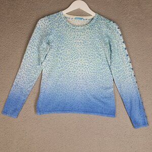 J. McLaughlin Sweater Women's XS Blue Leopard Print Ombre Crewneck Pullover Thin